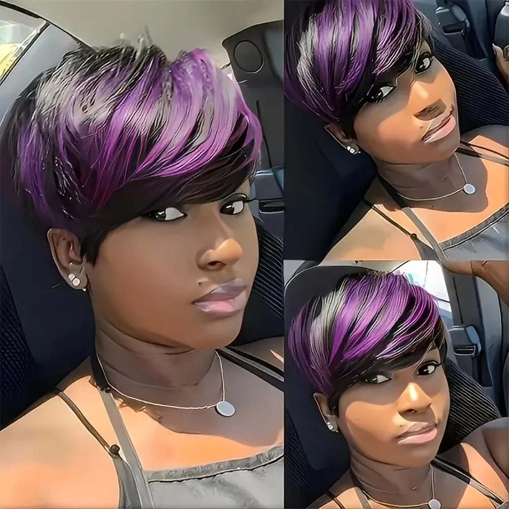 紫色の前髪ピクシーカットウィッグ人毛女性用ショートストレートスタイル紫色の前髪レイヤードウィッグフルマシンメイド完璧