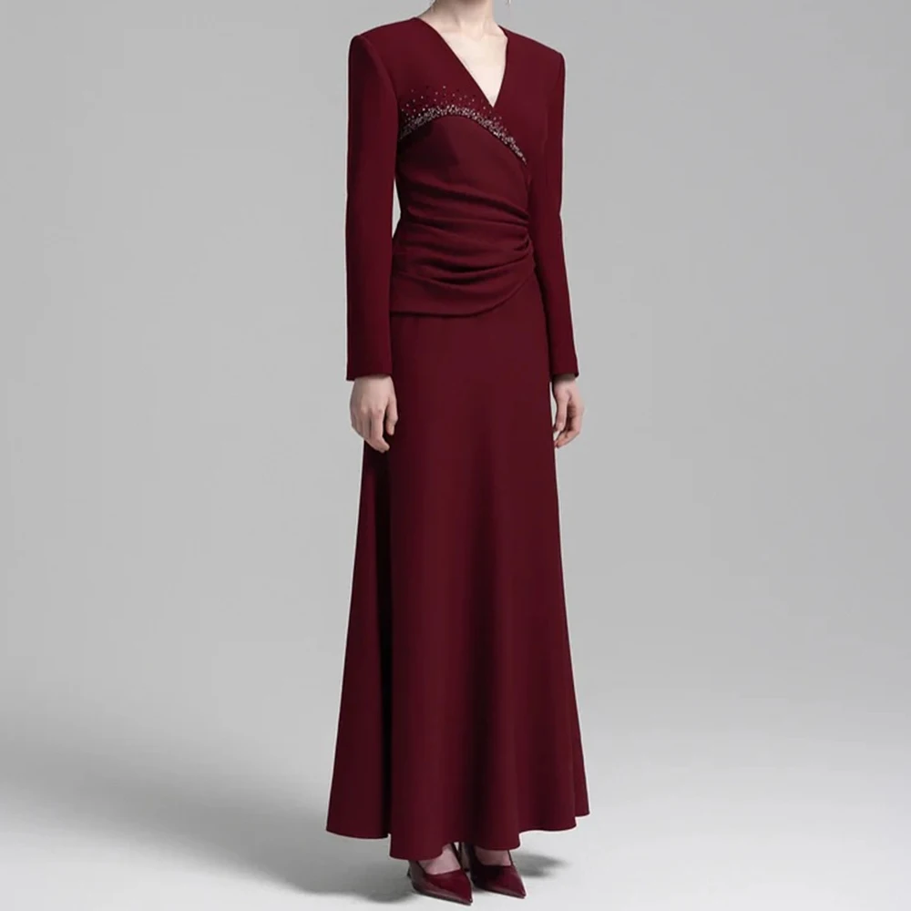 فساتين سهرة مخصصة على شكل حرف A بطول الكاحل ورقبة على شكل حرف V وأكمام طويلة فستان حفلات أنيق بطيات كريستالية بسيطة ثنيات للحفلات #1