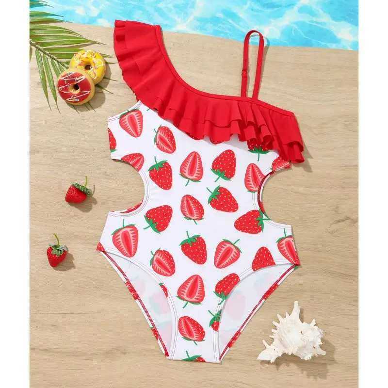 

Summer Girls Swimwear Strawberry Print Sleeveless One-Piece Swimsuits Kids Ruffle Decor Breathable Bathing Suit Beachwear 8-12Y