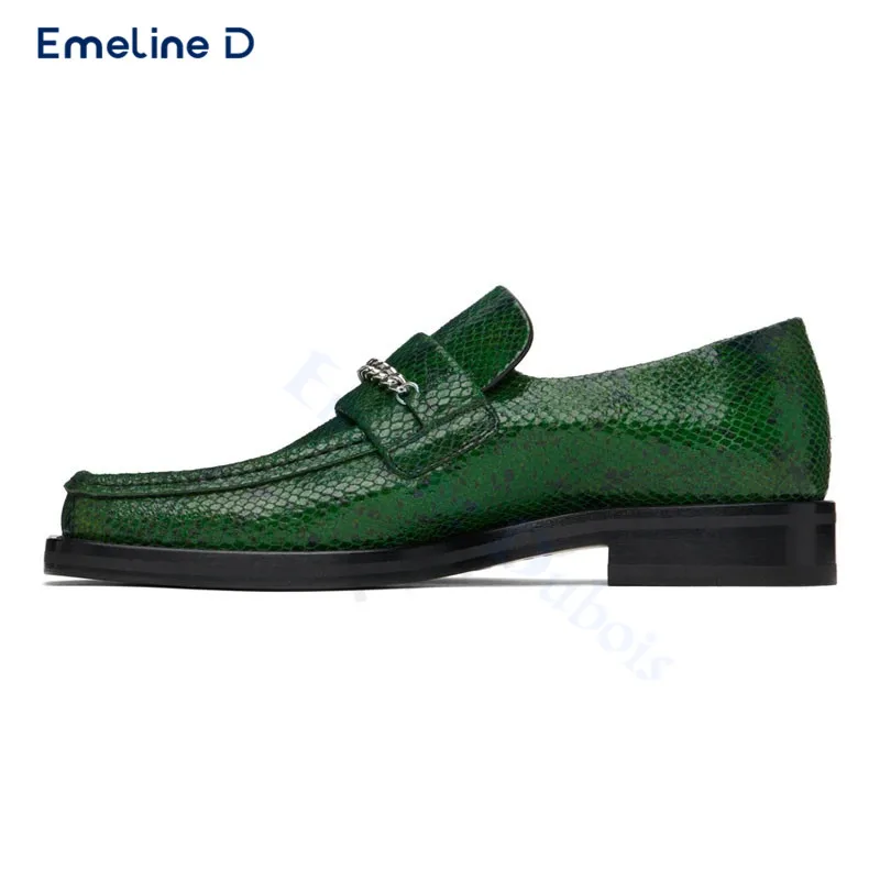 

Green Snake Print Square Toe Loafers Chain Decoration Slip-On Leather Casual Shoes Large Size Fashion Personality Men's Shoes