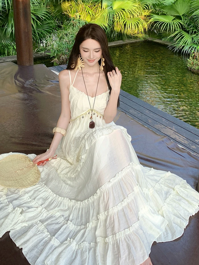 

V-Neck Sleeveless Summer Dress Women's Beach Vacation Gown with Ruffle Skirt High Waist A-Line Skirt for Travel Photography