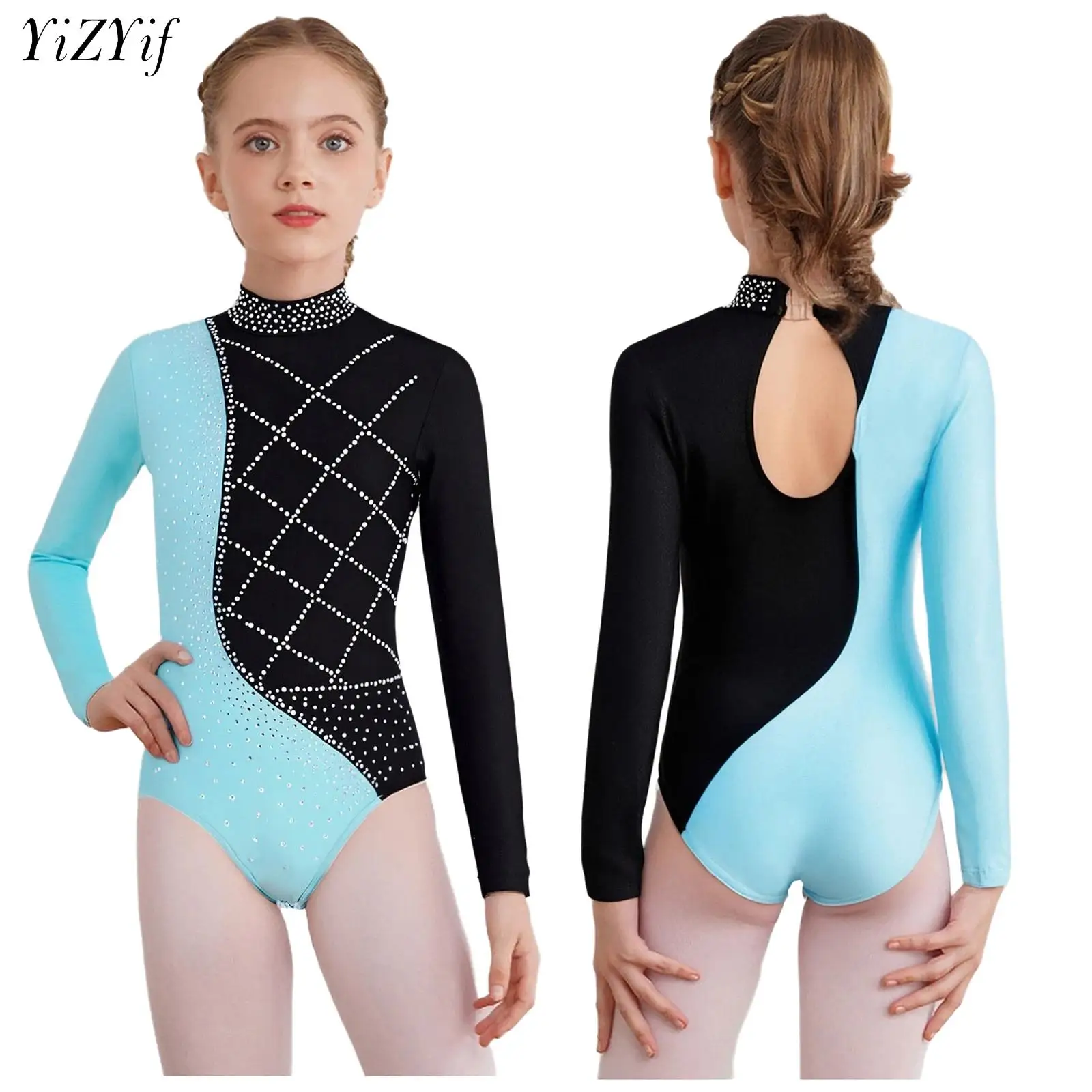 

Детский балетный трико с блестящими стразами и длинными рукавами для девочек, костюм для фигурного катания, акробатики, художественной гимнастики, танцевального выступления