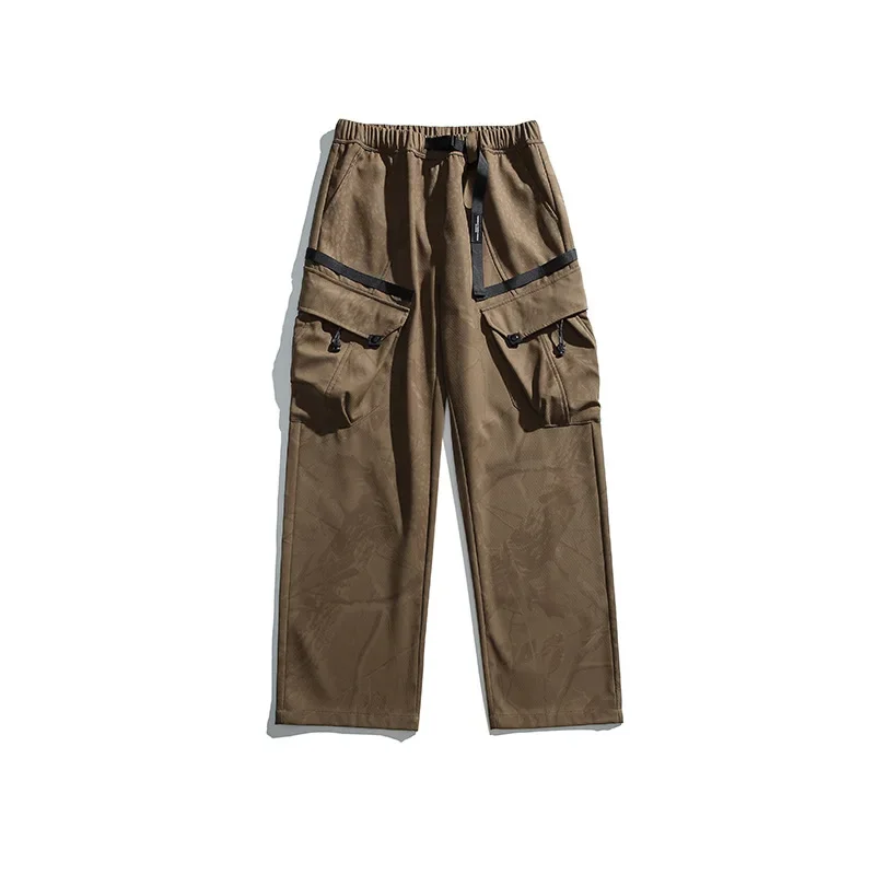 Inverno 2025 Pantaloni cargo maschili Pantaloni dritti alla caviglia Pantaloni impiombati solidi Tasche larghe Pantaloni a vita alta Leggero patchwork elasticizzato