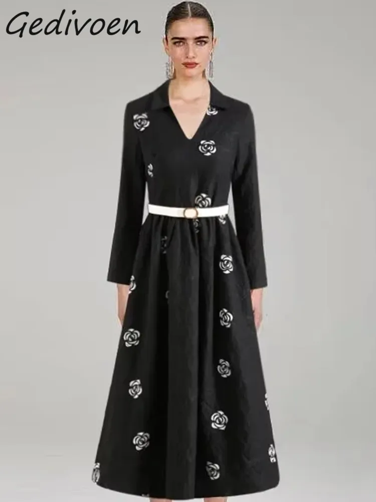 

Gedivoen Autumn Fashion Runway Black Vintage Party Dress Women V Neck Embroidery Jacquard Sashes Gathered Waist Slim Long Dress