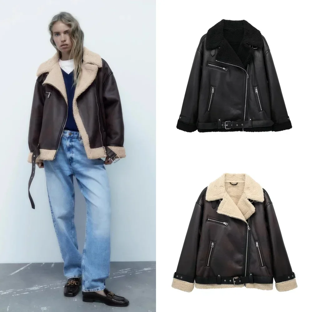 

Женская толстая теплая двусторонняя куртка из искусственной овчины, осень-зима, новая женская верхняя одежда с лацканами и длинными рукавами с поясом на молнии