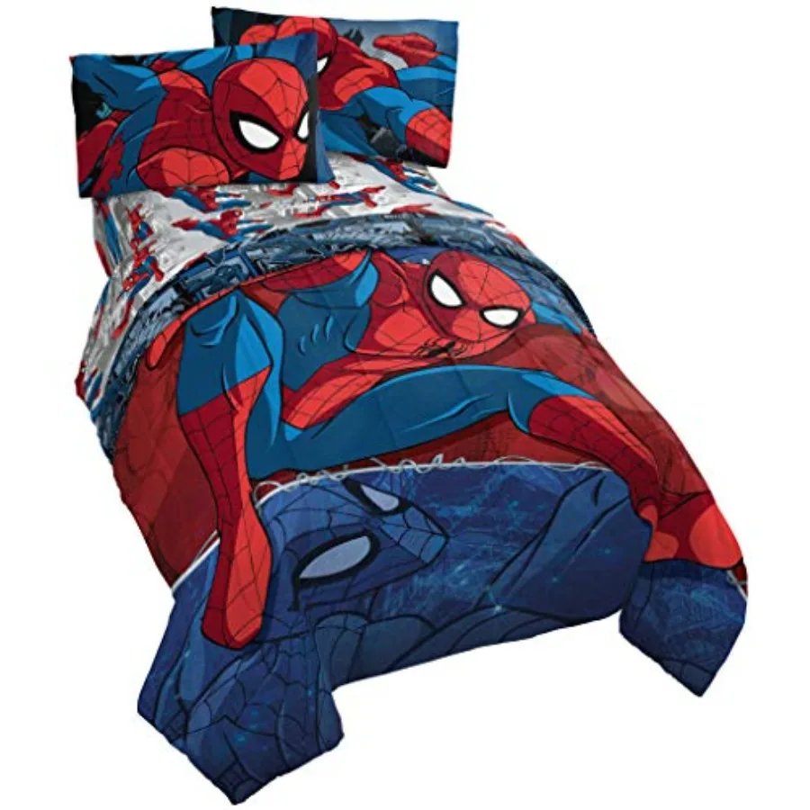 Juego de Cama Individual de 4 Piezas Marvel Spiderman Burst - Incluye Edredón Reversible y Juego de Sábanas - Ropa de Cama - Súper Suave y Resistente a la Decoloración