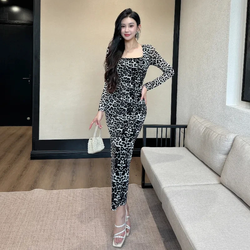 

Women Long Dress Sexy Retro Long-sleeved New Celebrity Leopard Print Mesh Slim Fit Party Club