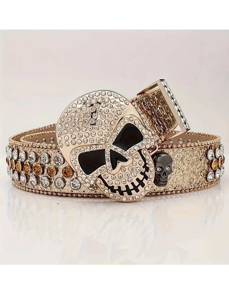 Trendy and Personalized Belt, Punk Style Girl's Unique Head Rivet Water Diamond Belt, Gothic Skull Belt