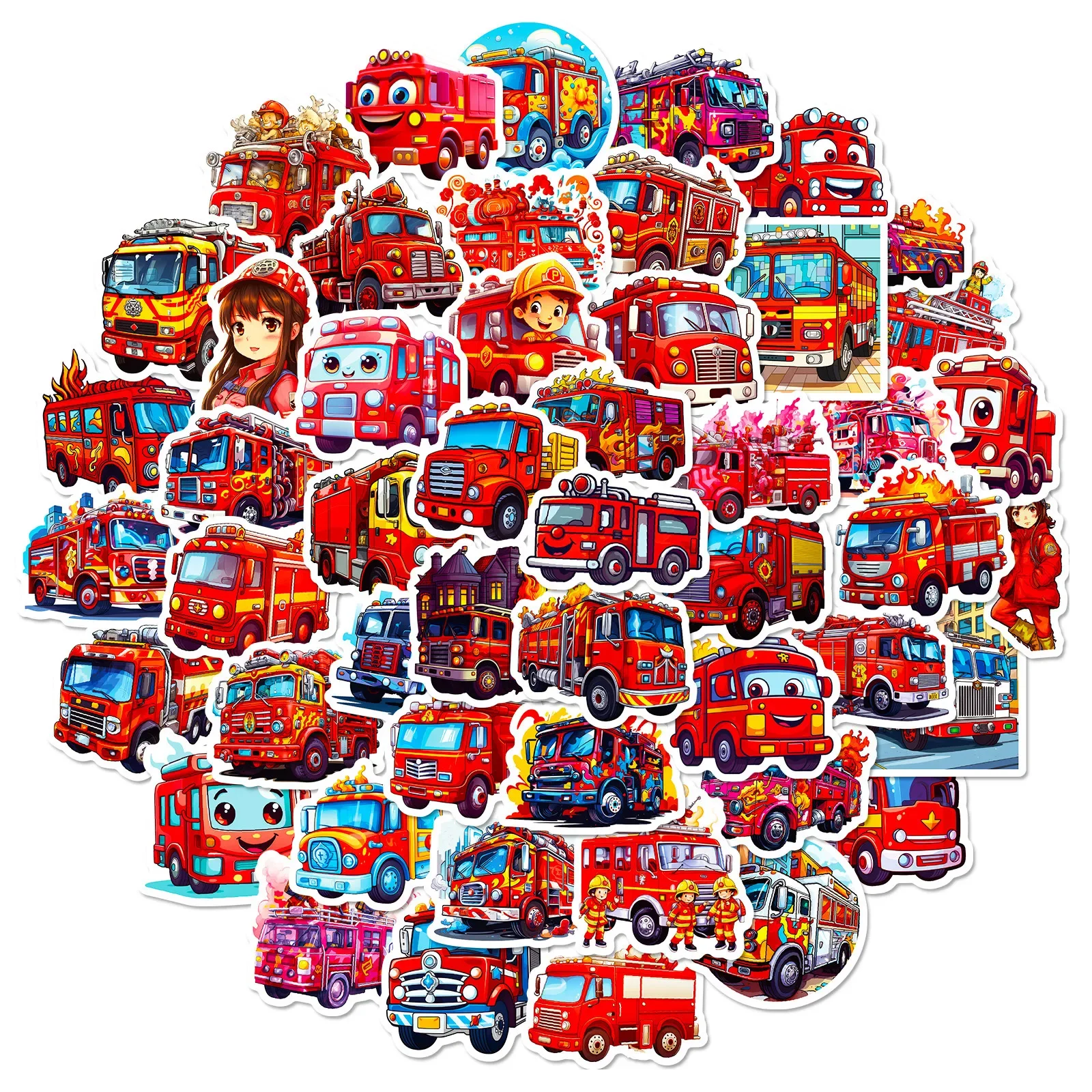 50pcs Children's Cartoon Fire Truck Stickers Kindergarten Early Education Skateboard Creative Waterproof Stickers