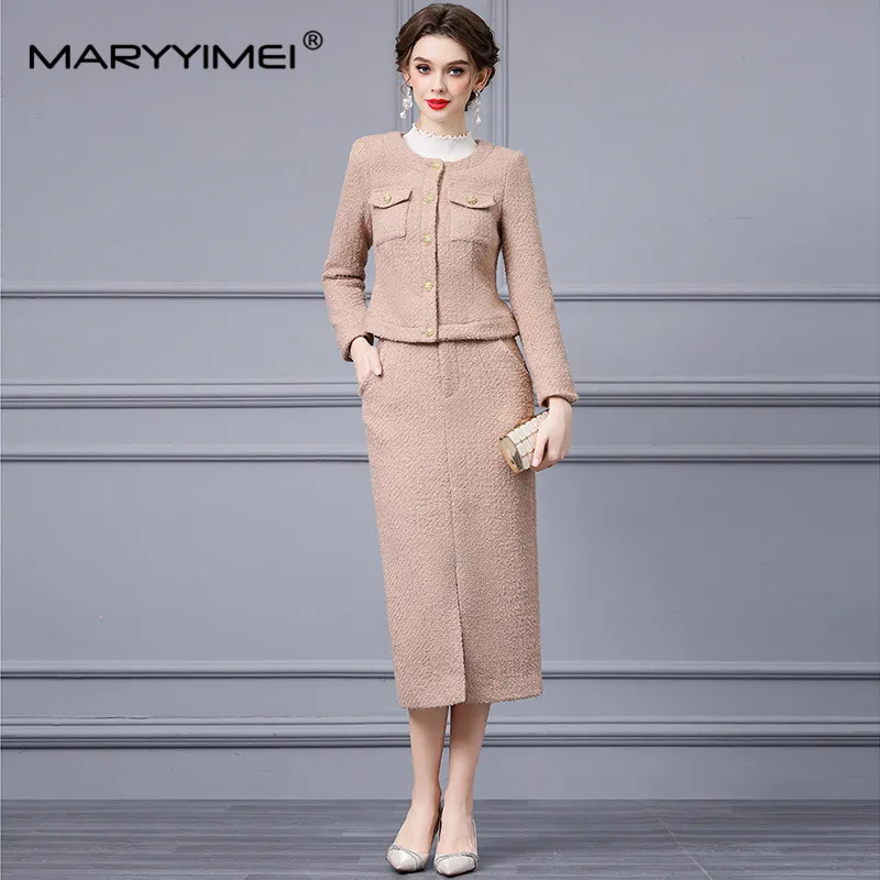 Maryimei moda autunno vestito di Tweed da donna a maniche lunghe cappotto monopetto giacca + pacchetto gonna divisa all'anca Set di due pezzi