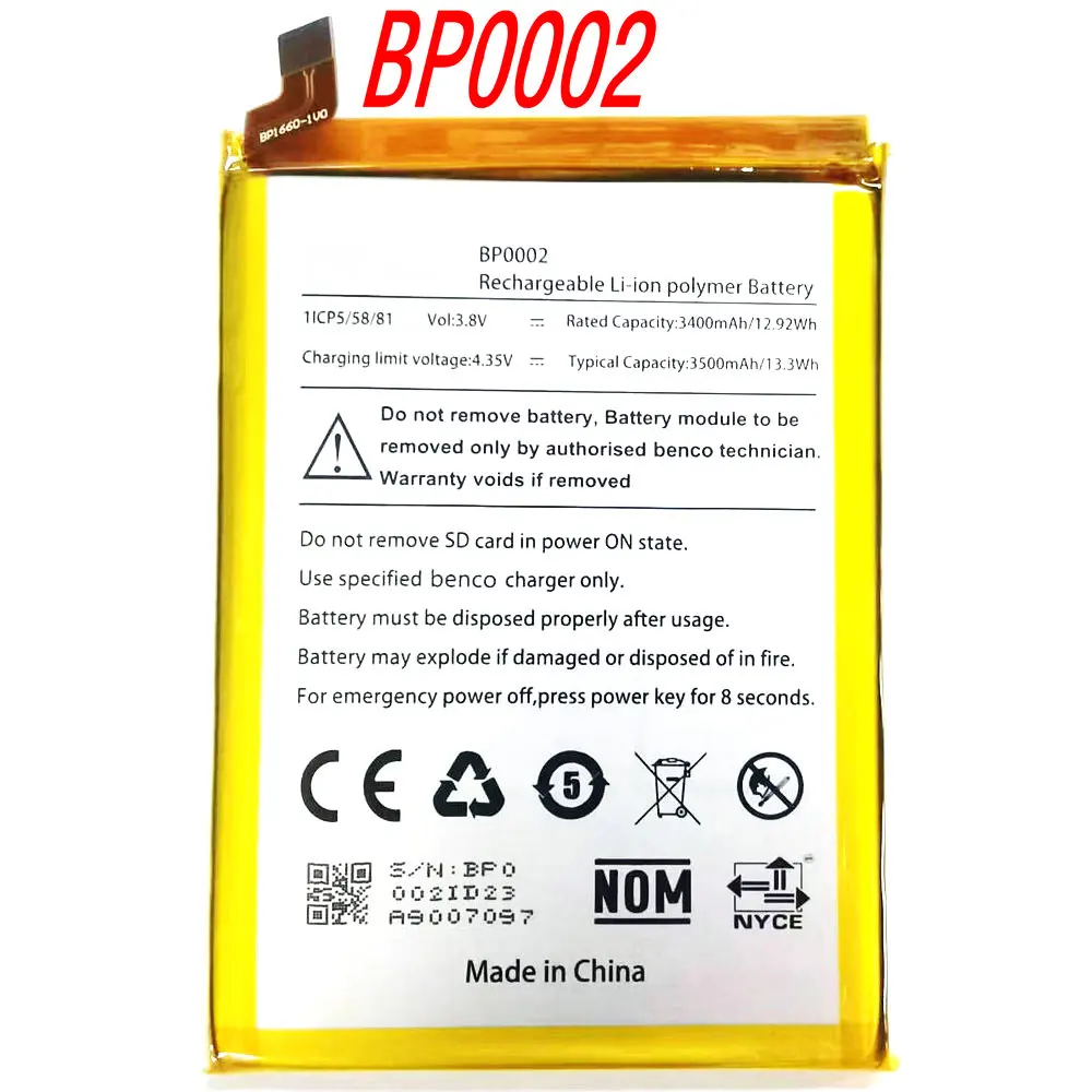 

Оригинальный Benco BP0002, 3,8 В, 3500 мАч, замена литий-ионного полимерного аккумулятора для мобильного телефона 1ICP5/58/81