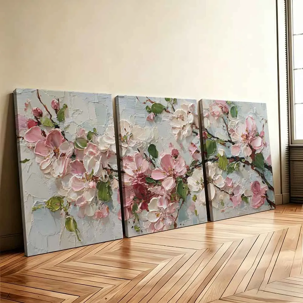 [2D Flat]3pcs 11.81*15.74in/30*40cm Frame Art Home Decor Painting Pink Blossom Branches with Green Leaves on White Background