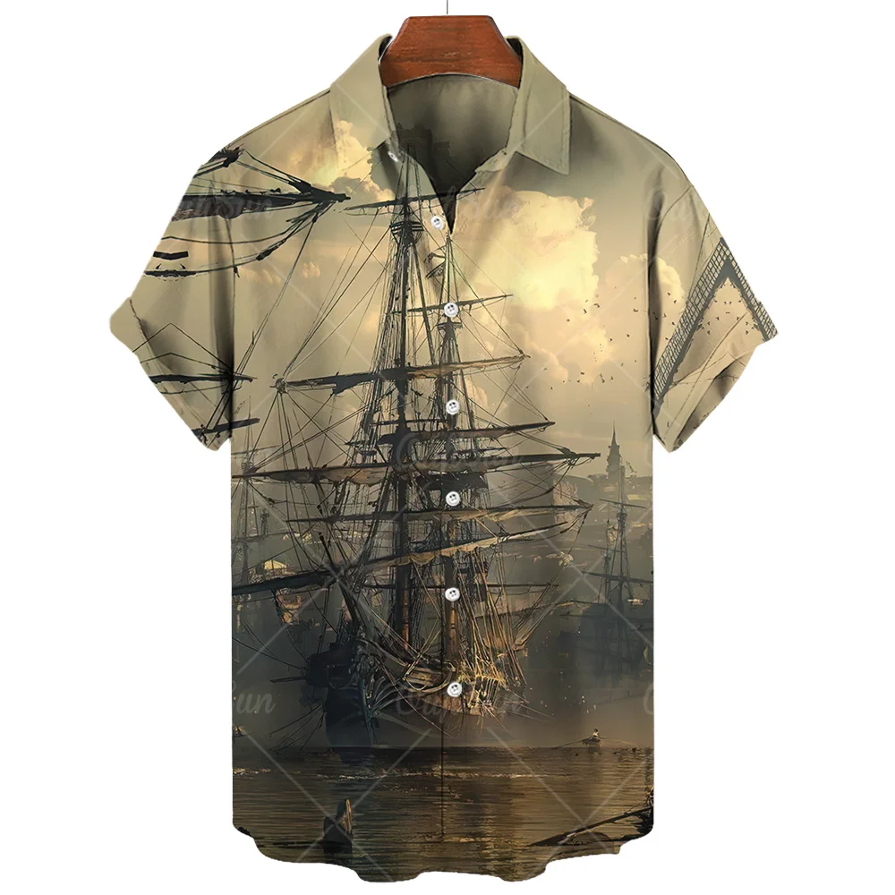 Zomer Heren Shirts Zeilboot 3d Print Casual Mode Hawaiian Shirts Man Straat Knoop Korte Mouwen Oversized Kleding Top T-Shirt