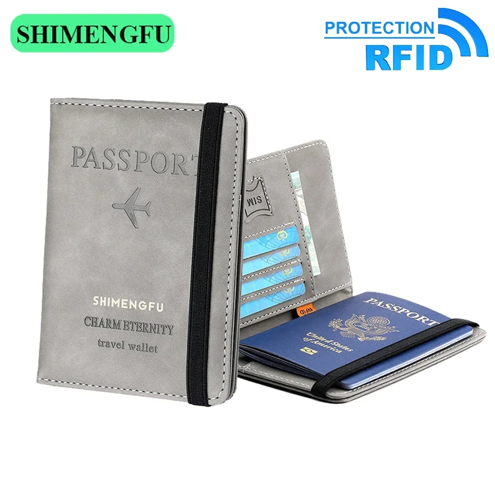 

Кожаная обложка для паспорта с блокировкой RFID, дорожный держатель для карт, кошелек для мужчин и женщин, органайзер для паспорта, папка на резинке