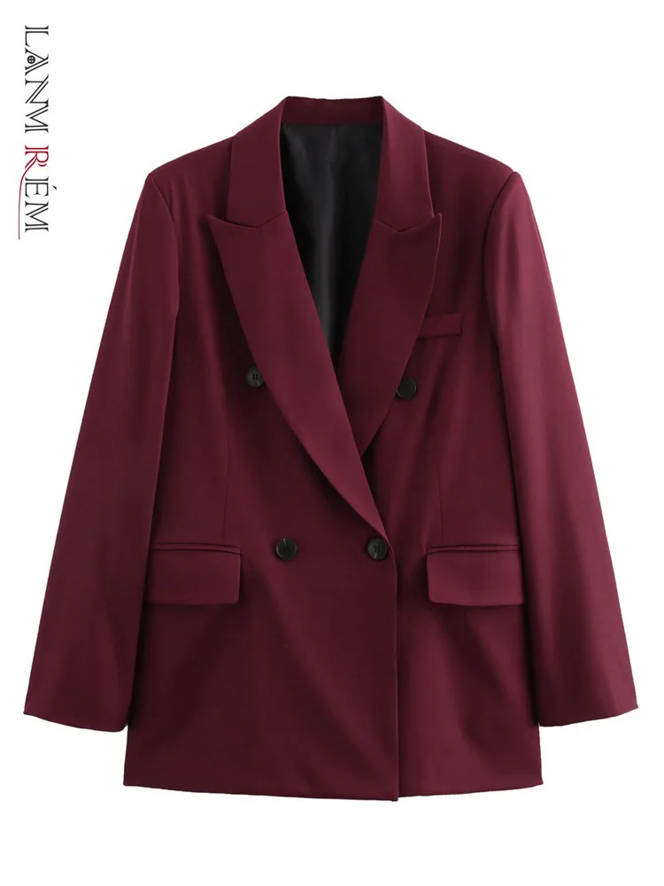 LANMREM Autumn Fashion Red Blazer Women Notched Collar Double Breasted Office Lady Loose Fit Coat 2024 New Clothing 32C1725