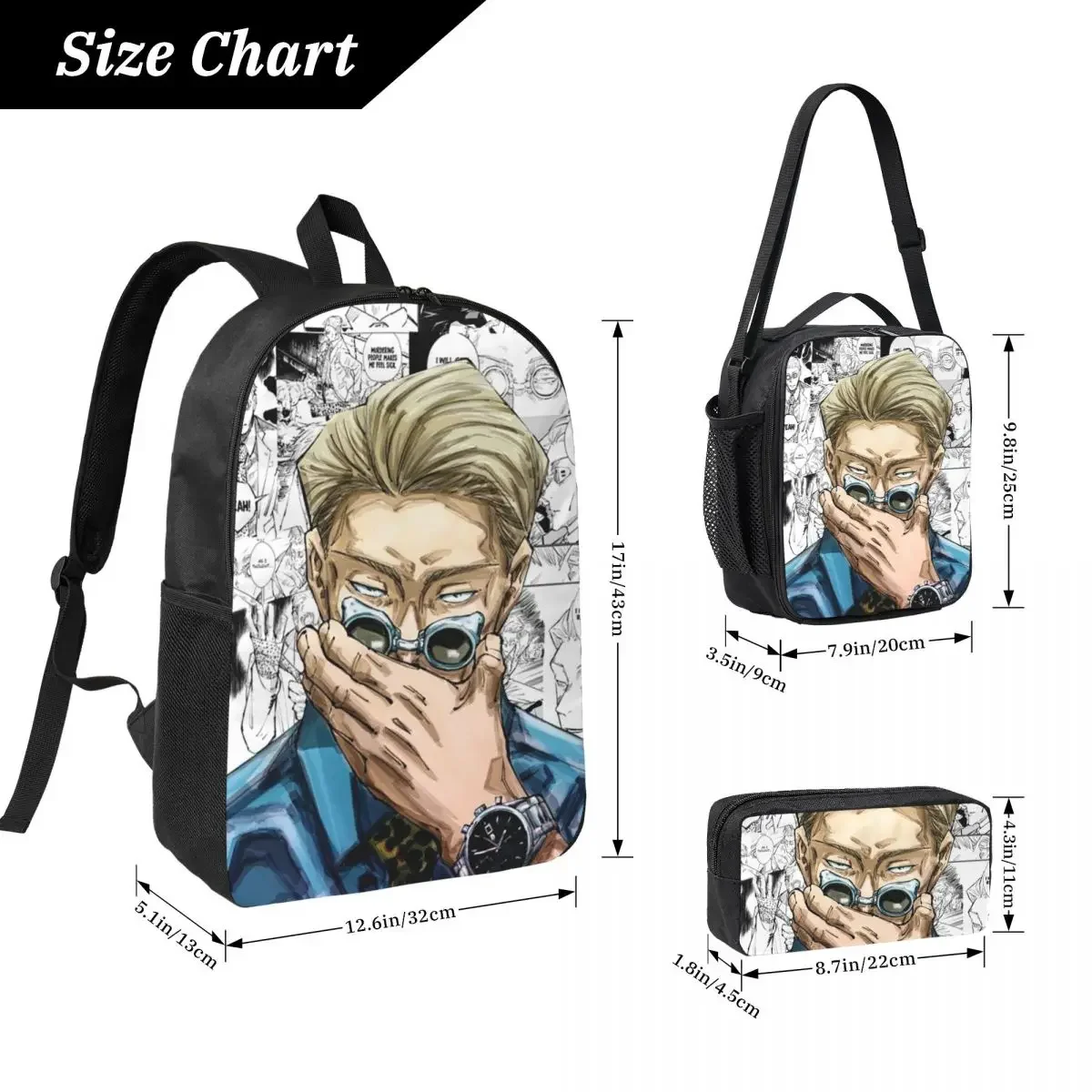 Nanami Kento Anime Gojo Satoru JJK Nanamin Backpack BookBag School Bag Laptop Shoulder Bags 3ps Insulated Lunch Bag Pencil Case