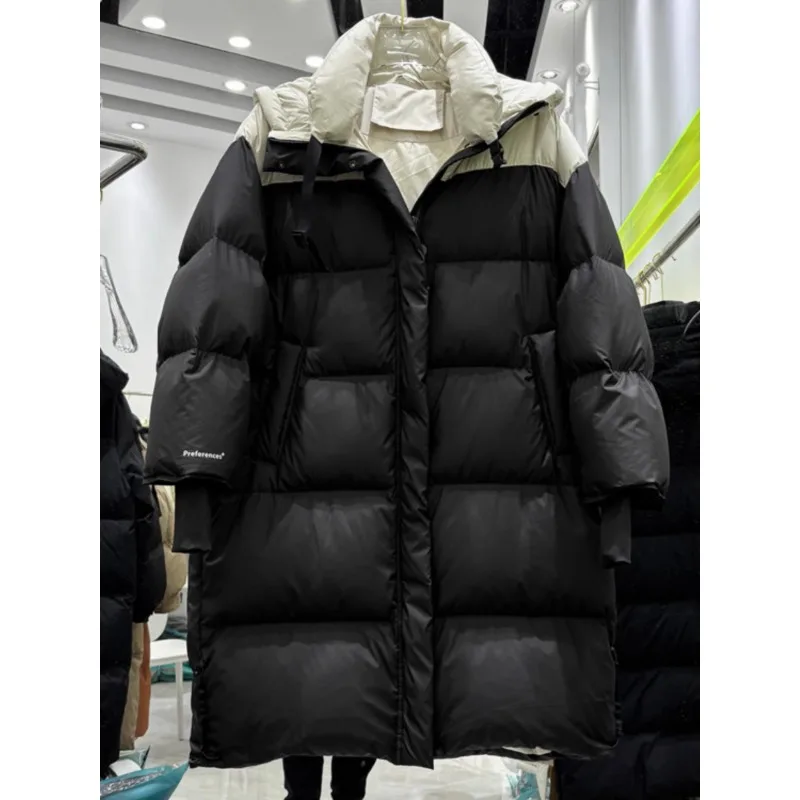 Winter Down Jacket, Knee Length Loose Fit, Korean Version Spliced Goose Down Couple Warm Jacket, 2024 New Model,