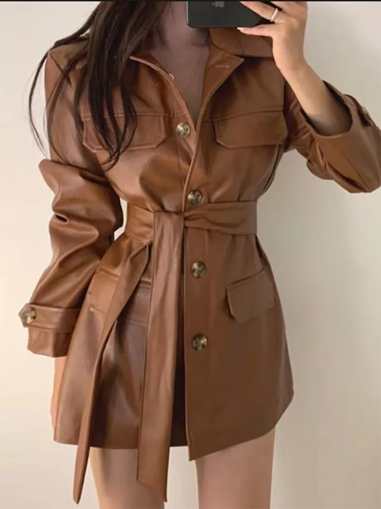 Veste de moto coréenne mi-longue en cuir pour femme, pardessus Chic avec ceinture ample, nouvelle collection automne hiver 2026