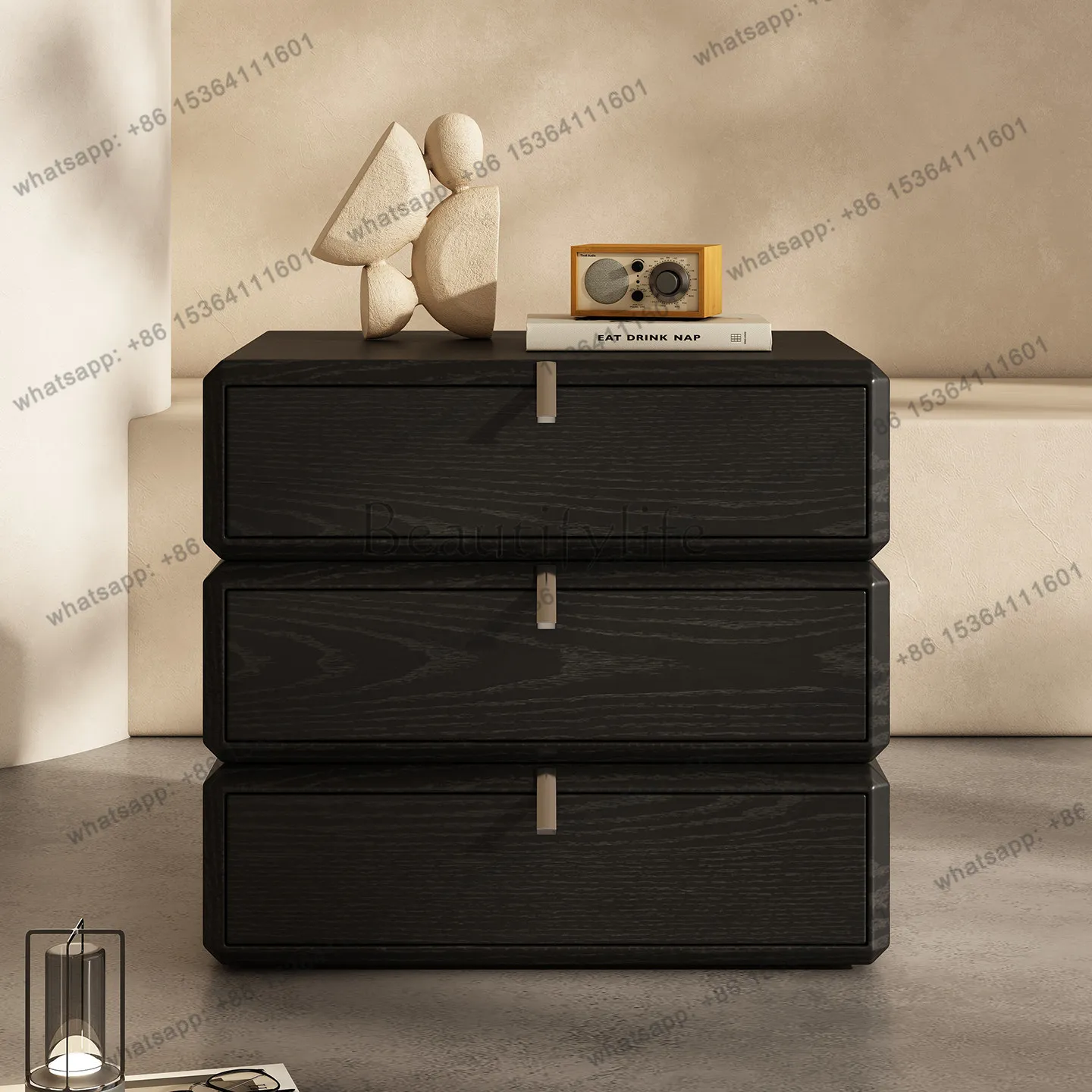 

Black bedside table Modern minimalist design Solid wood leather textured cabinet Rotatable