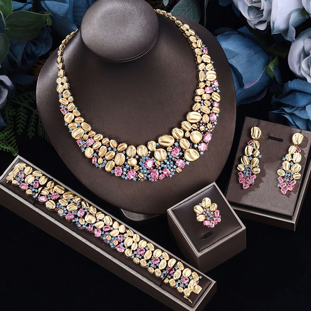 

HIBRIDE New Luxury Pink Jewelry Set of 4 Necklaces Earrings Bracelets Womens Dress Suitable for Wedding Prom Holiday Gifts S-956