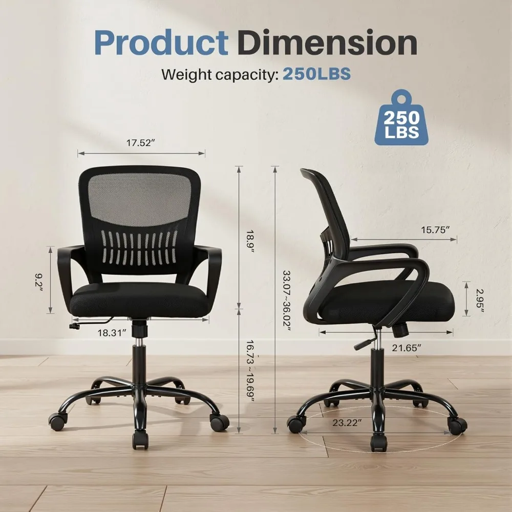 Ergonomic Office Chair with Lumbar Support, Adjustable Height, Rocking Mode & 360° Swivel - Black
