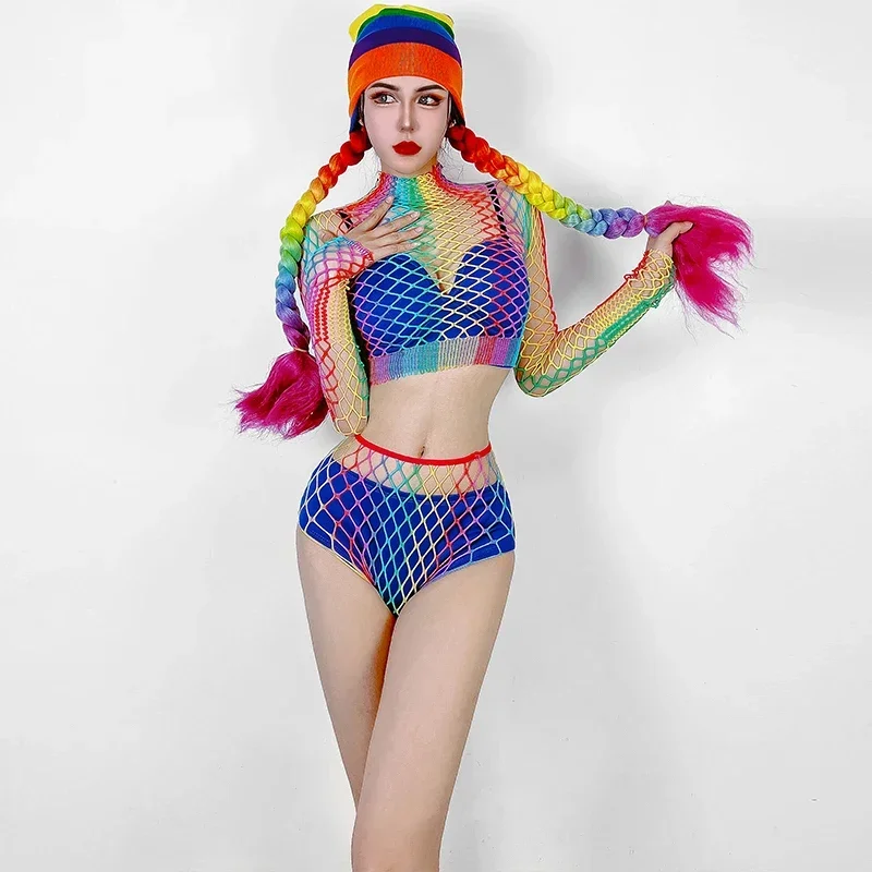 Rainbow Net Y-Shorts pour femmes, Bikini sexy, Costume de pole légiti, Discothèque, Bar, Jazz, Tenue de danse, Dj, Ds Party, Vêtements Rave, YS4497