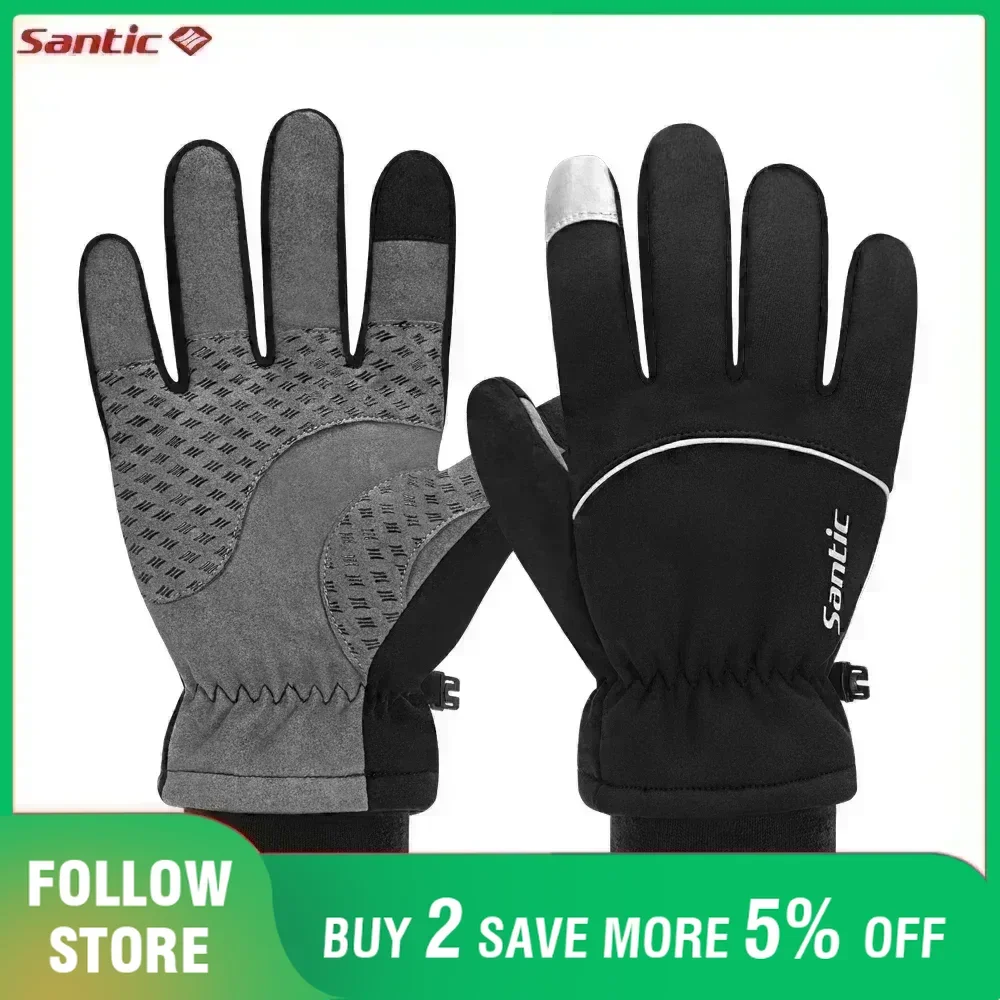 Santic Men‘s Winter Gloves Touch Screen Non-slip Cycling Gloves Reflective Outdoor Sports Fleece Warmer Windproof MTB Bike Glove