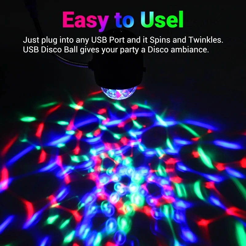 مصباح كرة ديسكو USB، لمبة حفلات إضاءة المسرح LED الملونة RGB مع ضوء كتاب 3 وات، تعمل بمنفذ USB (أسود)