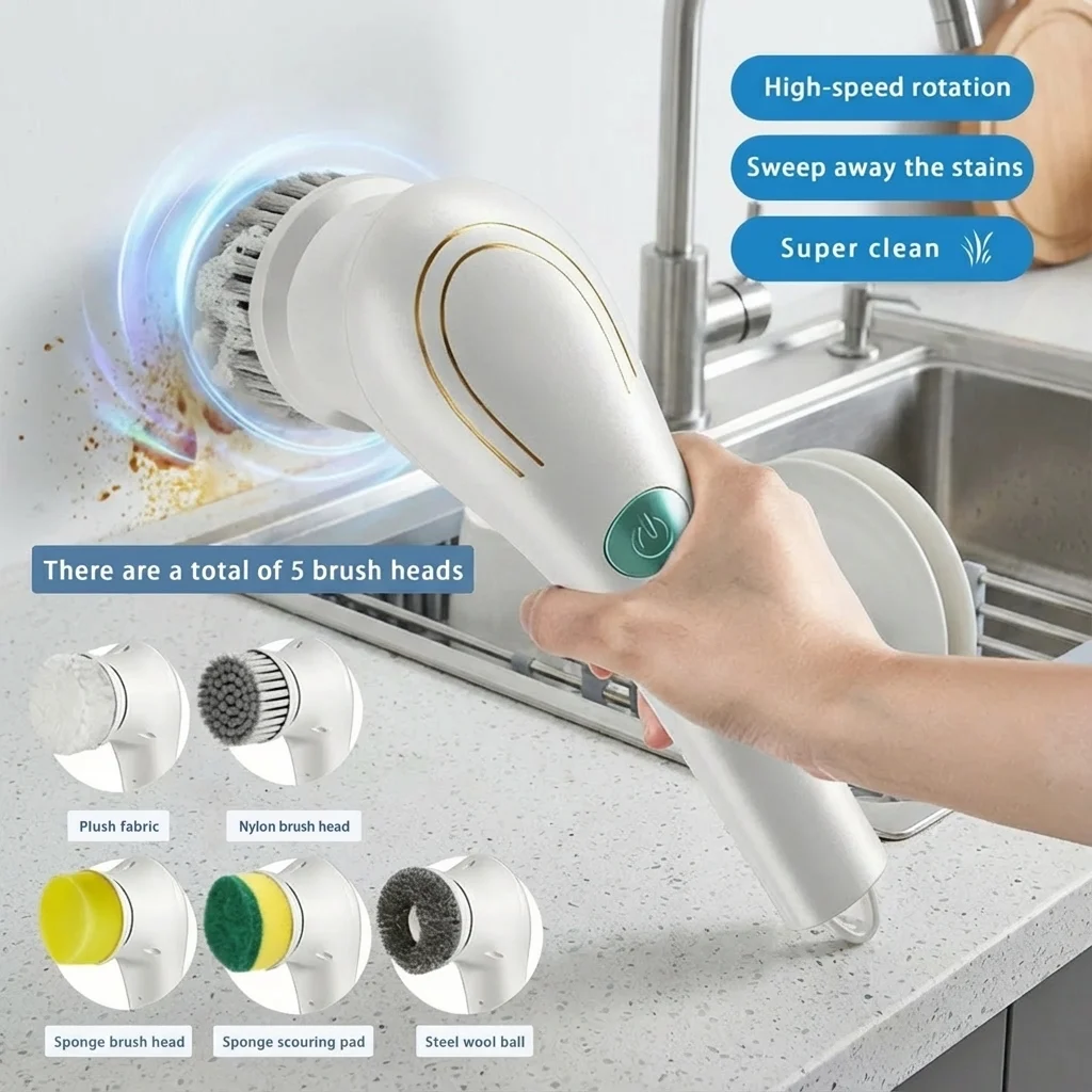 

Five in One Multifunctional Electric Cleaning Brush for Bathroom Washing and Kitchen Cleaning Tools