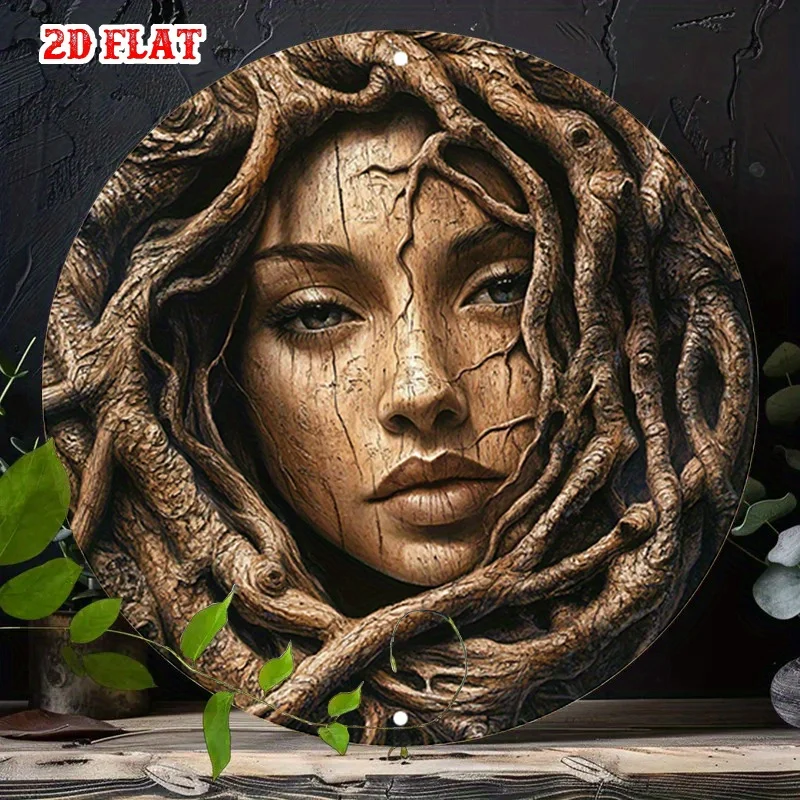 2D Flat Carved Wooden Female Face Profile Round Wall Art - 19.81cm Rustic Tin Decor for Living Room, Terrace, or Art Studio, Ind