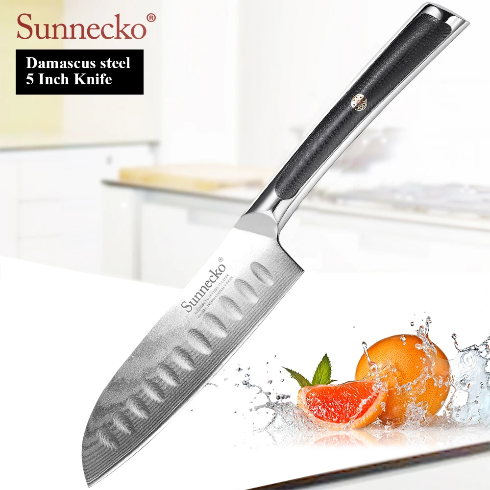 SUNNECKO 5 inch Santoku Knife Damascus Japanese VG10 Core Steel Blade Kitchen Knives G10 Handle Sharp Meat Cutter Chef's Knives