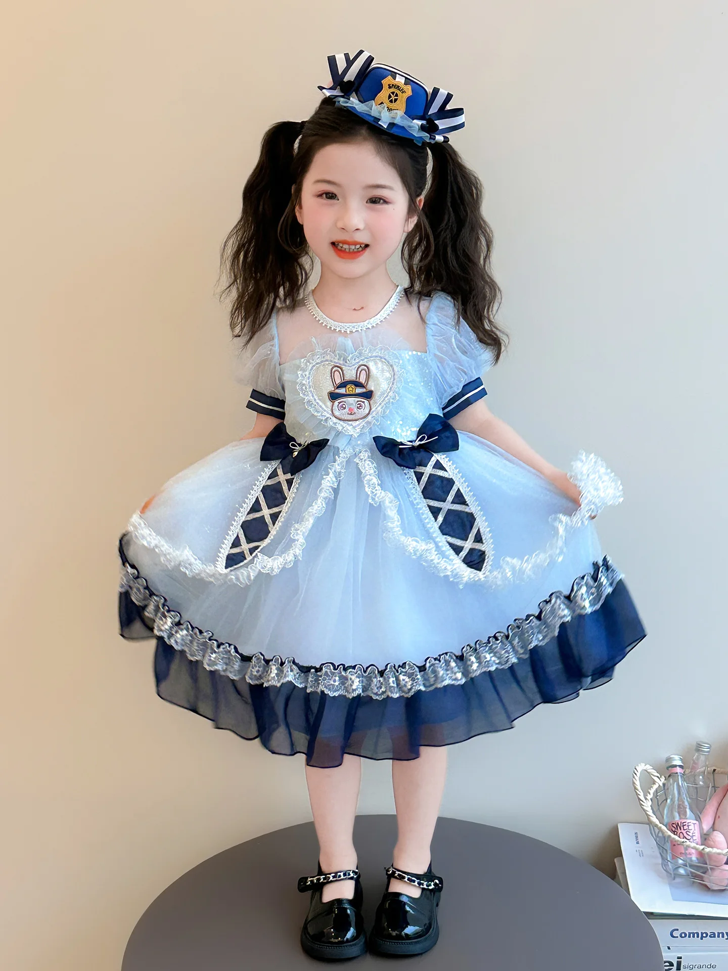 Vestido Infantil Lolita Coelhinha Policial Princesa com Saia Rodada de Tule para Meninas, Roupa de Verão, Vestido de Aniversá...