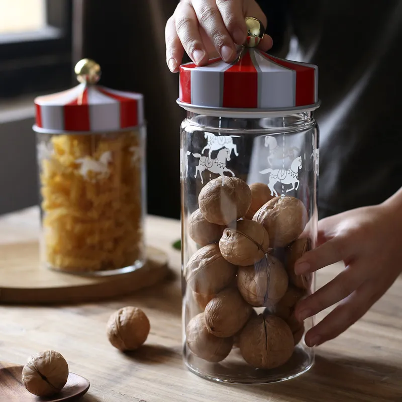 Nordic Creative Carousel Sealed Glass Jar Snacks Grains Candy Storage Jar Milk Powder Storage Jar