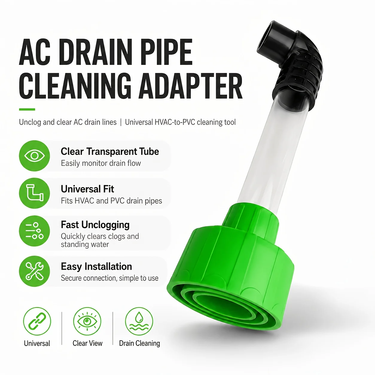 Universal AC Drain Line Unclogger Adapter, Clear Visibility HVAC‑to‑PVC Air Conditioner Drain Line Cleaning Tool