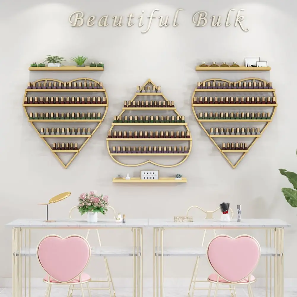 

Daryabrest Wall-Mounted Nail Rack - 5 Tier Metal Display Case (Heart-Shaped) Cosmetic Storage Shelves Home Spa Shop (Gold)