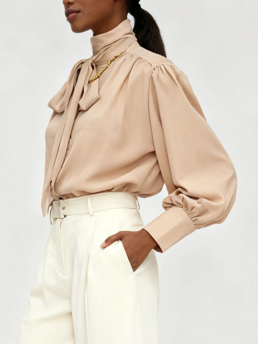 VGH Lose Falten Temperament Blusen Für Frauen Rundhals Langarm Herbst Casual Lace Up Solide Shirts Weibliche Mode Stil