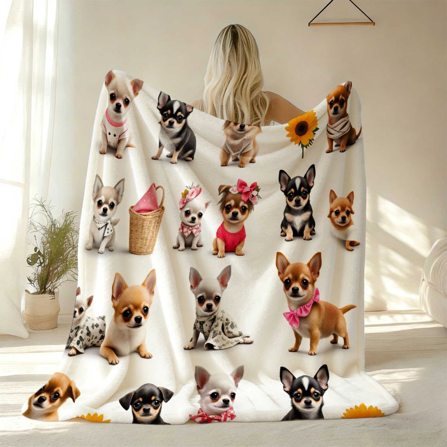 Retro Chihuahua Collage Print Throw Blanket, Soft Cozy Blanket for Sofa Bed Office, Cute Dog Lover Gift