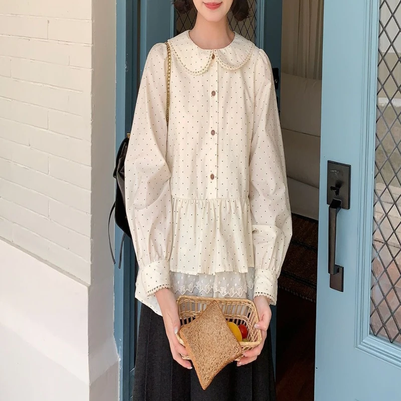 

Sweet and Soft Girl Retro Lace Design Polka Dot Doll New Top Long Sleeved Slimming Shirt