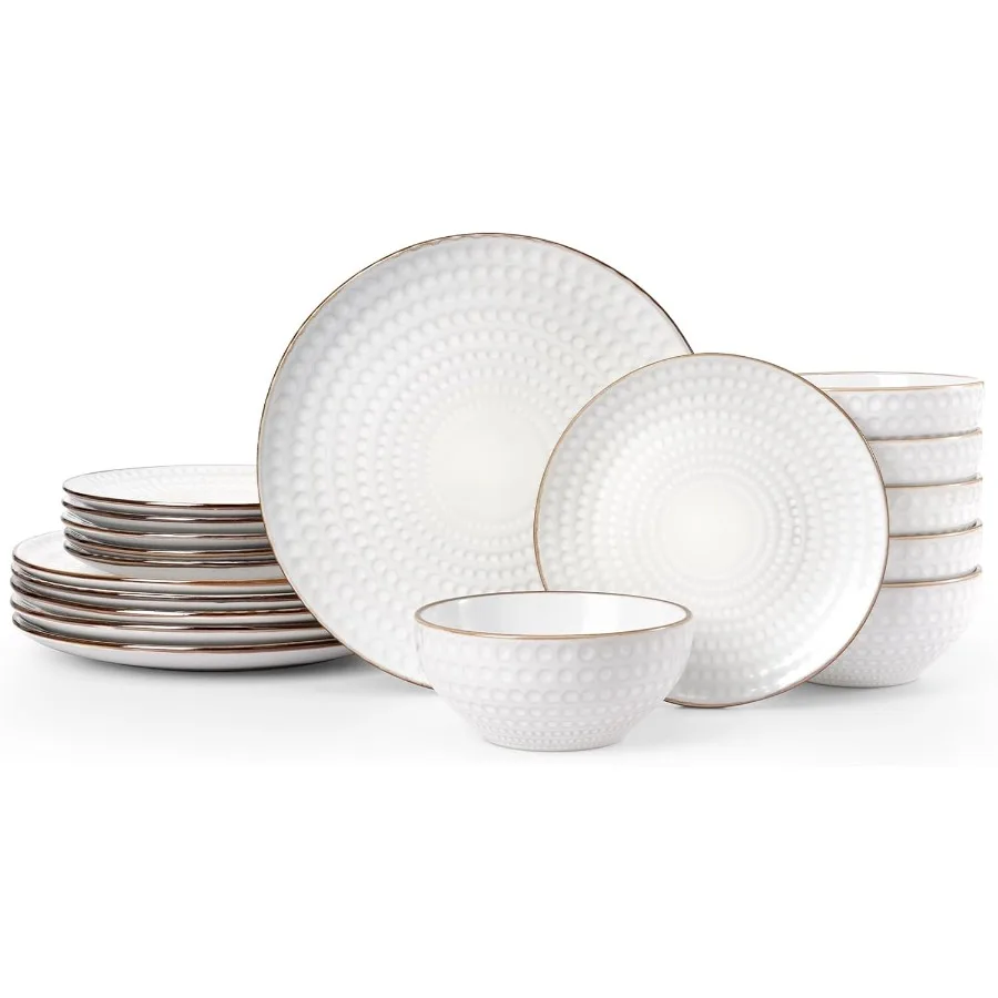 Eden Plates and Bowls Sets Stoneware Dinnerware Sets with Gold Trim 18 Pieces Dishes Set for 6 Chip and Scratch Resistant Micro