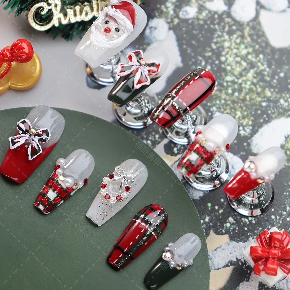 10pcs Handmade Press on Nails Christmas Gifts Santa Claus Bow Decor False Nail Patch Wearable Red French Ballet Fake Nail Tips