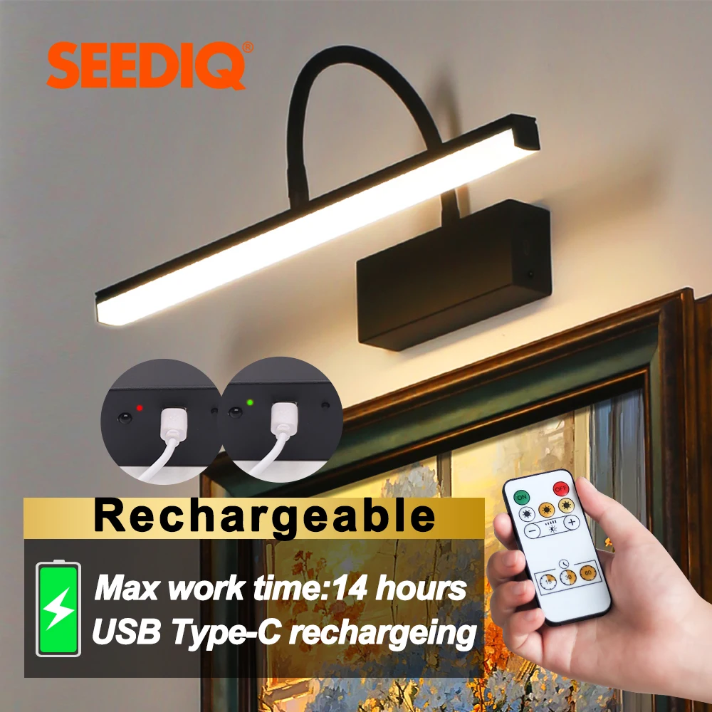 Rechargeable LED Wall Lamp Flexible Adjustable Arm Wall Light Fixtures 4400mAh Internal Wall Sconce Wireless Picture Light Black
