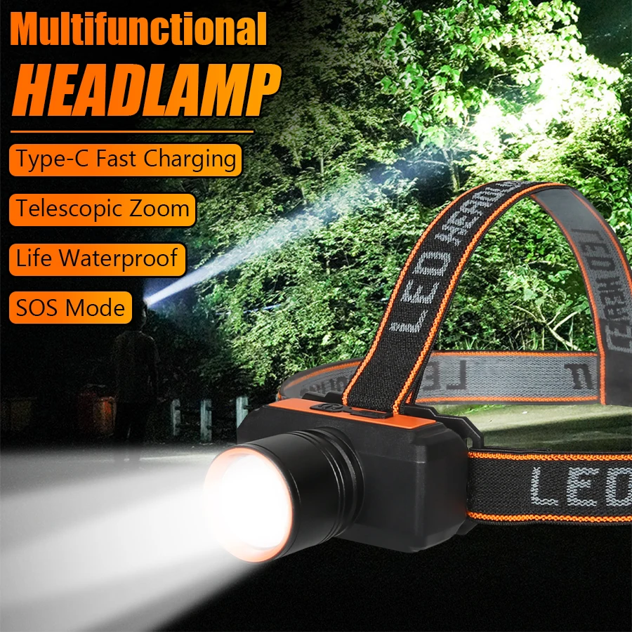 Rechargeable LED Headlights with 3-speed Light Adjustment and Variable Focus, Outdoor Waterproof Head Mounted Flashlight