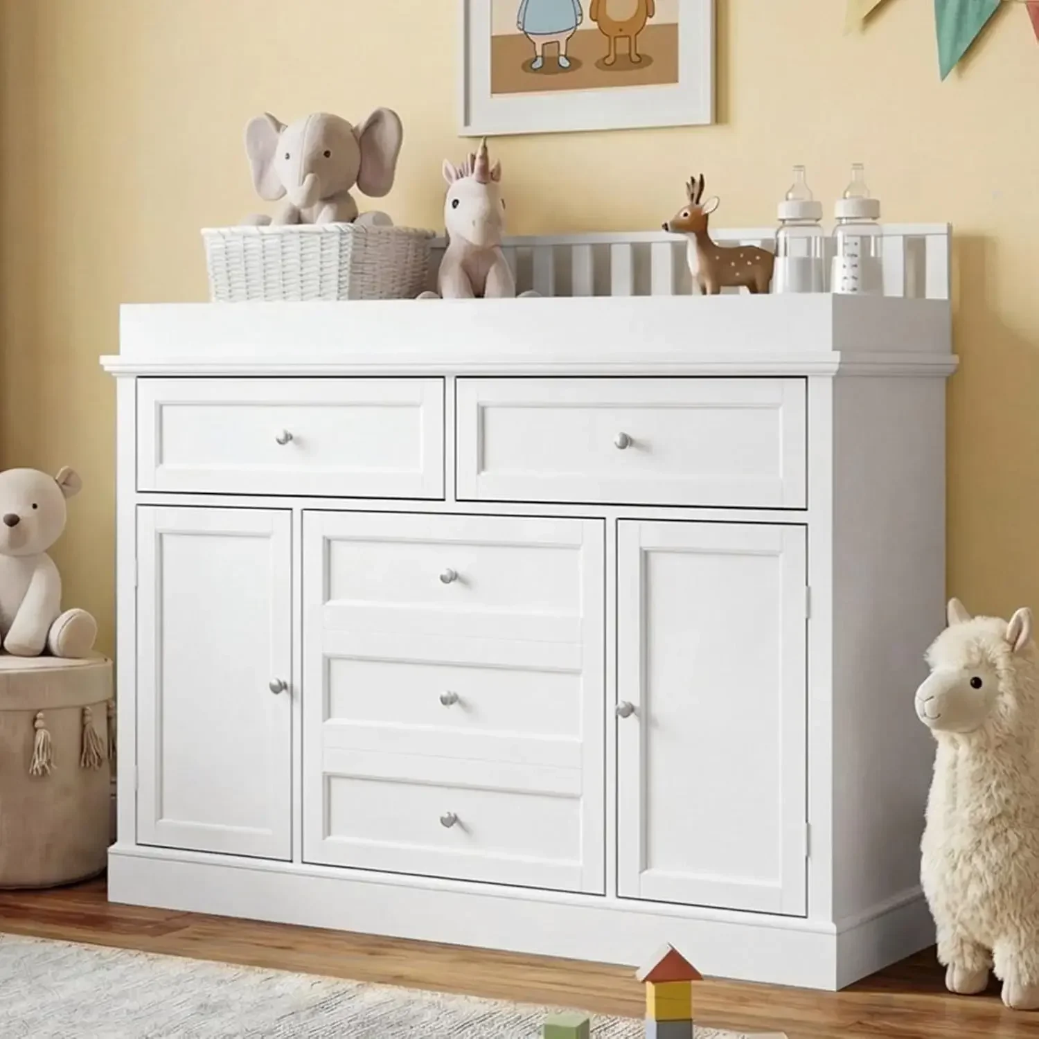 46 Baby Dresser with Changing Table Top White Dresser with Storage Drawers and Doors for Nursery