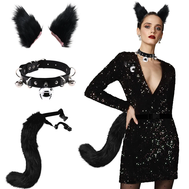 

Faux Fur Cat-Foxes Ears Headband With Tail Set Fox Ears And Tail Set Tail Foxes-Cat Ears Paw Gloves Tail Costume Party Carnivals