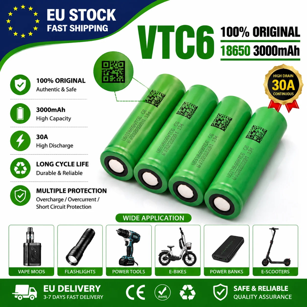 10-100PCS Batteria Ricaricabile Li-ion VTC6 18650 3000mAh 3.7V ad Alta Scarica – Stock UE, Spedizione Rapida, per Giocattoli e Torce