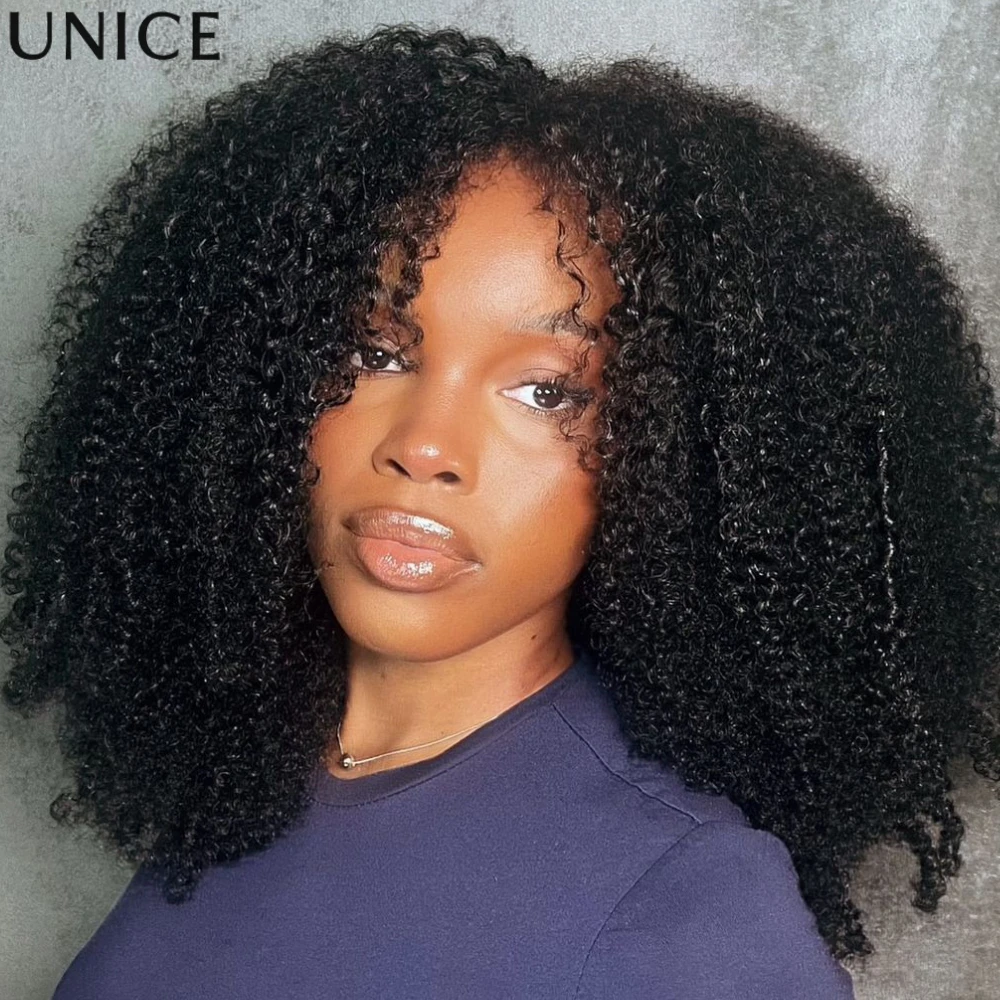 UNice Afro Kinky Curly V Part Wig With Finger Coil Ends & Drawstring 180% Density Minimal Leave Out No Lace 100% Human Hair Wigs
