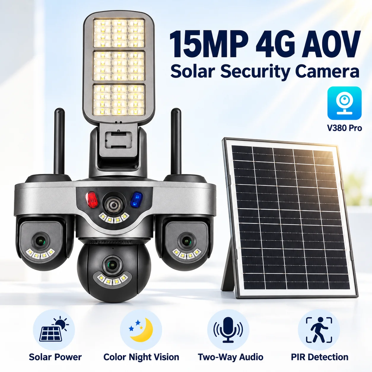 15MP 3‑Lens AOV 4G Solar Security Camera  3‑Screen Simultaneous Monitoring Red‑Blue Strobe Alarm Outdoor PTZ Surveillance Cam