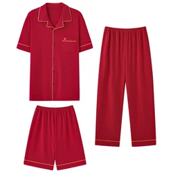 Red Color Cardigan Tops+Short Pants+Long Pants 3pc/set Men Cotton Pajamas Set Summer Casual Tracksuit Pyjamas Male Pijama Hombre