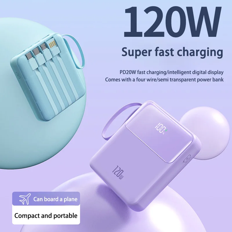 Lenovo 50000mAh Digital Screen Display Mini Power Bank Cable LED for Samsung Huawei iPhone 120W Fast Charging