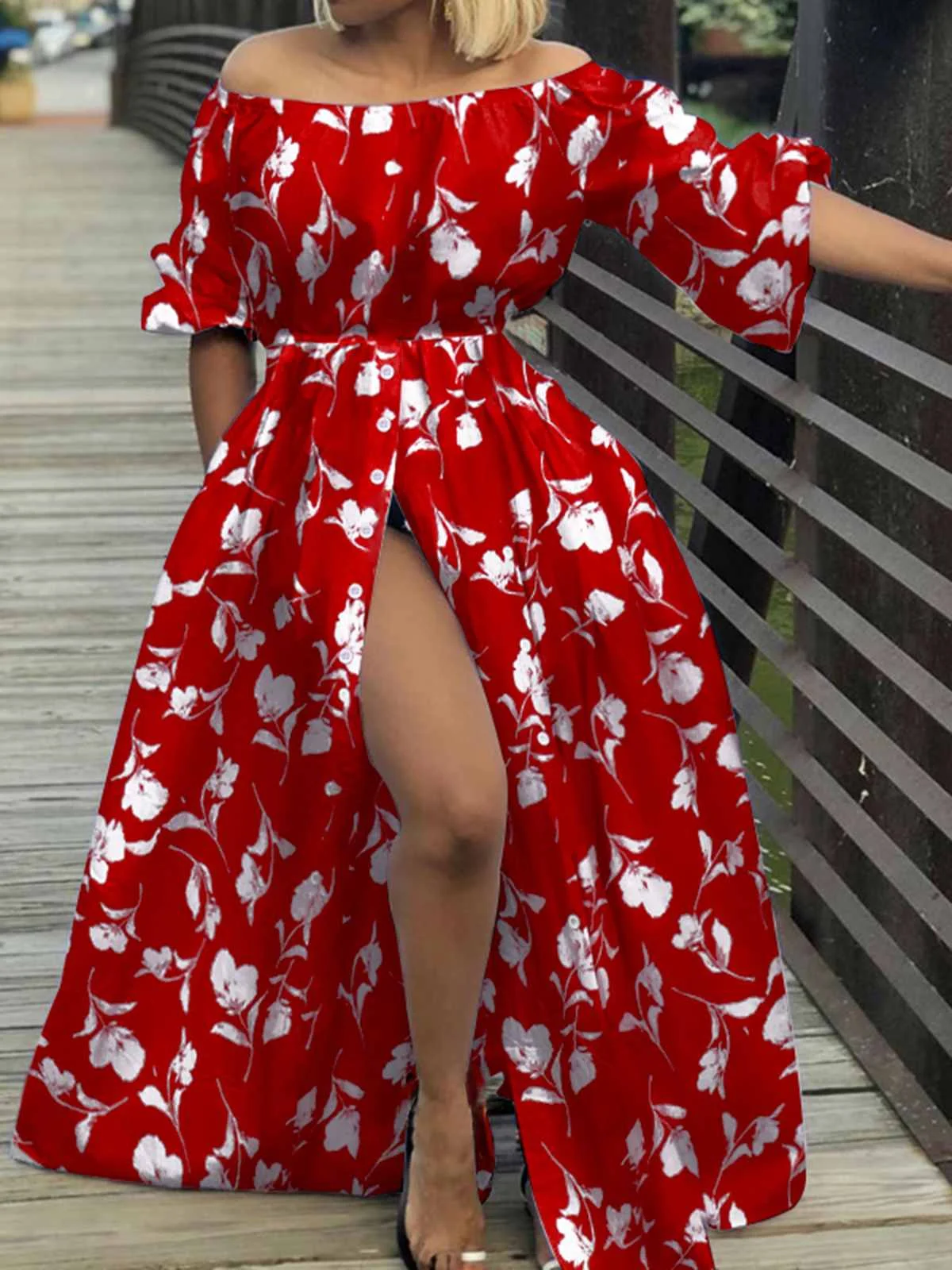 Celmia sexy schulter frei geschlitzt langes Kleid Cocktail Frauen Laterne Ärmel Blumen druck Sommerkleid 2024 Sommer knöpfe Abendkleid